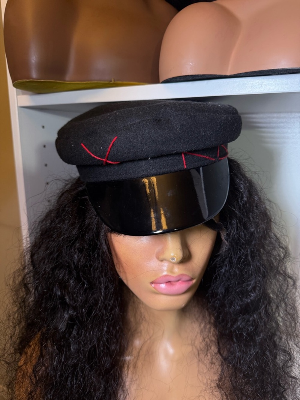 Black Wool Visor Newsboy Cap with Red Stitch Detail